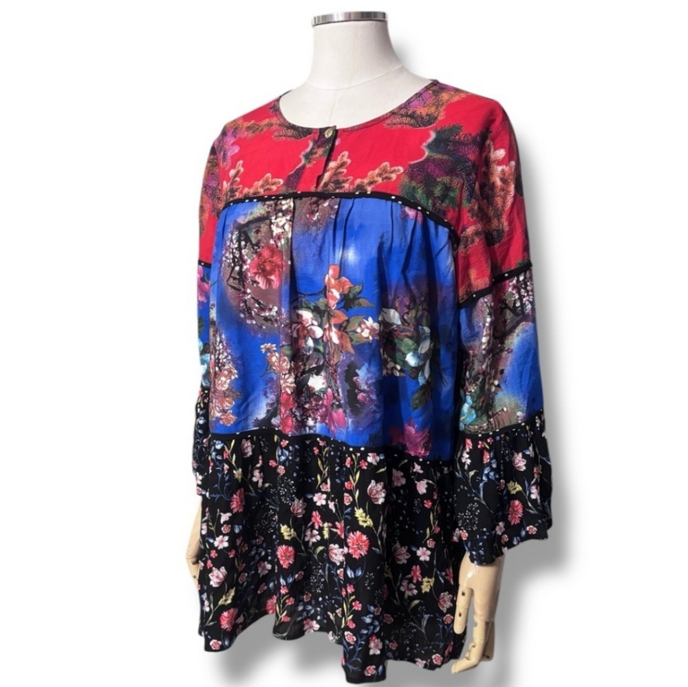 CALESSA Floral Multicolor Tiered Tunic Top Bell Sleeves